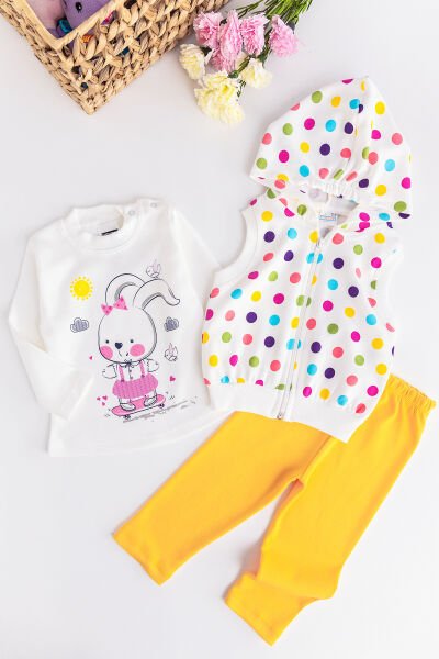 Kız Bebek Takım Puantiyeli Tavşan Desenli Yelekli Bebek Takım