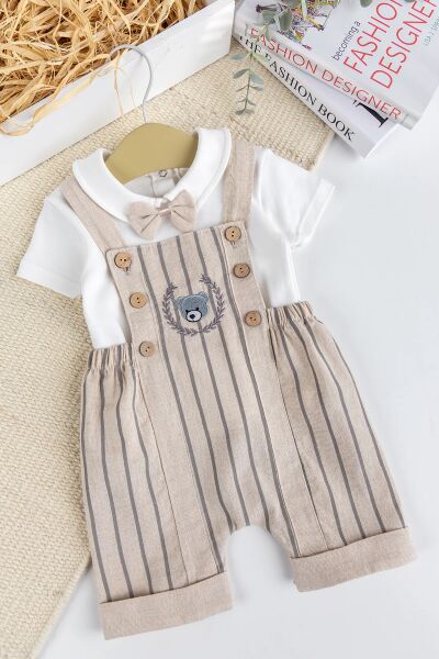 Erkek Bebek %100 PamukYazlık Salopet Tulum Set KREM - 3-6 AY