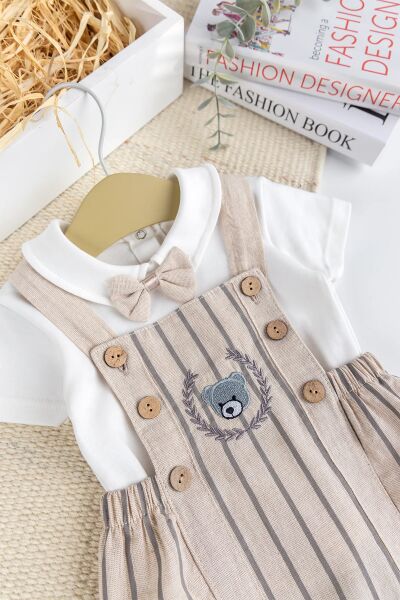 Erkek Bebek %100 PamukYazlık Salopet Tulum Set KREM - 3-6 AY