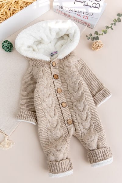 Triko Örme Welsoft Astarlı Kapüşonlu Kışlık Bebek Tulum