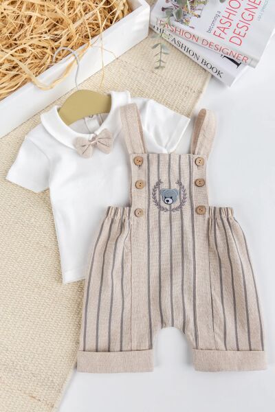 Erkek Bebek %100 PamukYazlık Salopet Tulum Set KREM -  6-9 AY