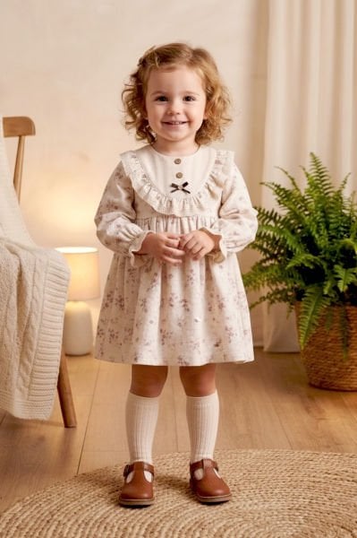 Fırfırlı Çiçekli 100% Pamuk Müslin Kız Bebek Elbise