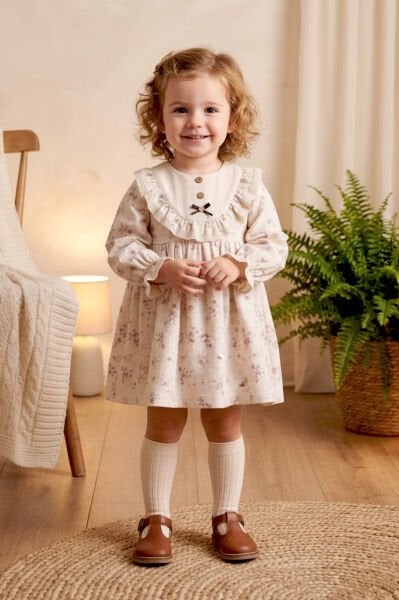 Fırfırlı Çiçekli 100% Pamuk Müslin Kız Bebek Elbise