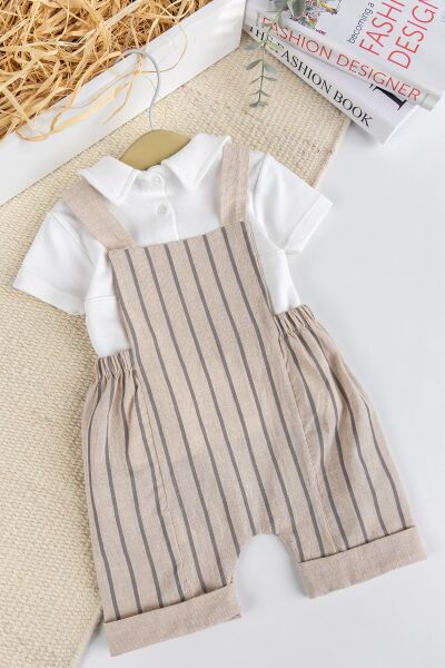 Erkek Bebek %100 PamukYazlık Salopet Tulum Set KREM -  9-12 AY