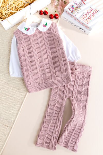 Triko Süveterli  3 Parça Pantolonlu Kışlık  Kız Çocuk Takım PEMBE - 2 Yaş