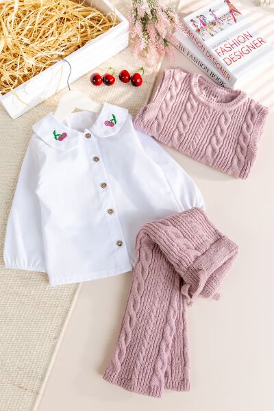 Triko Süveterli  3 Parça Pantolonlu Kışlık  Kız Çocuk Takım PEMBE - 2 Yaş