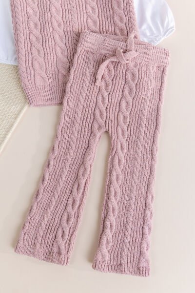 Triko Süveterli  3 Parça Pantolonlu Kışlık  Kız Çocuk Takım PEMBE - 3 Yaş