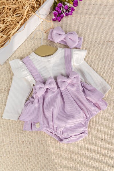Bandanalı Fiyonklu Kız Bebek Elbise Tulum LİLA - 3-6 AY