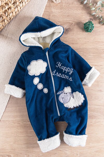 Kuzu Figürlü Welsoft Peluş Astarlı Kadife Kız/Erkek Bebek Tulum LACİVERT - 3 Ay