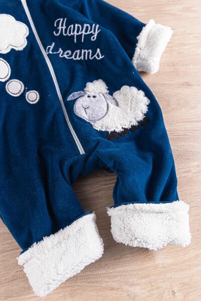 Kuzu Figürlü Welsoft Peluş Astarlı Kadife Kız/Erkek Bebek Tulum LACİVERT - 3 Ay