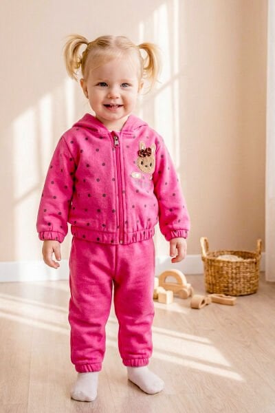 Puantiyeli Kapüşonlu İkili Kız Bebek Eşofman Takımı