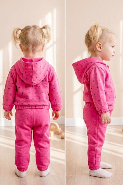 Puantiyeli Kapüşonlu İkili Kız Bebek Eşofman Takımı