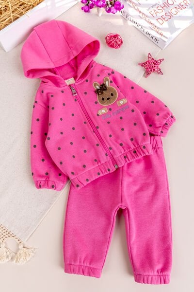 Puantiyeli Kapüşonlu İkili Kız Bebek Eşofman Takımı