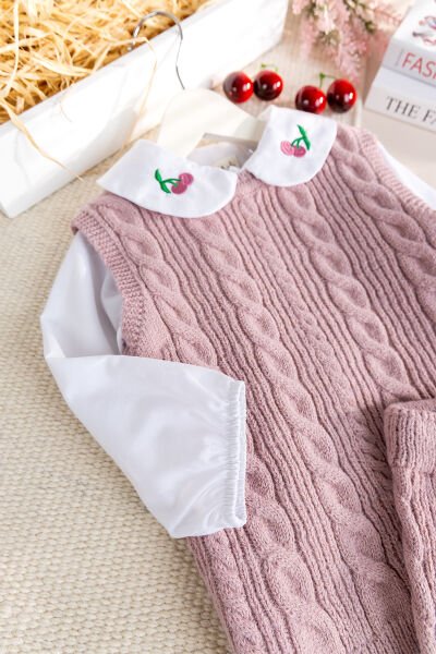 Triko Süveterli  3 Parça Pantolonlu Kışlık  Kız Çocuk Takım PEMBE - 4 Yaş