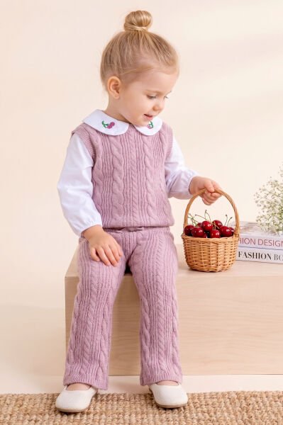 Triko Süveterli  3 Parça Pantolonlu Kışlık  Kız Çocuk Takım PEMBE - 5 Yaş