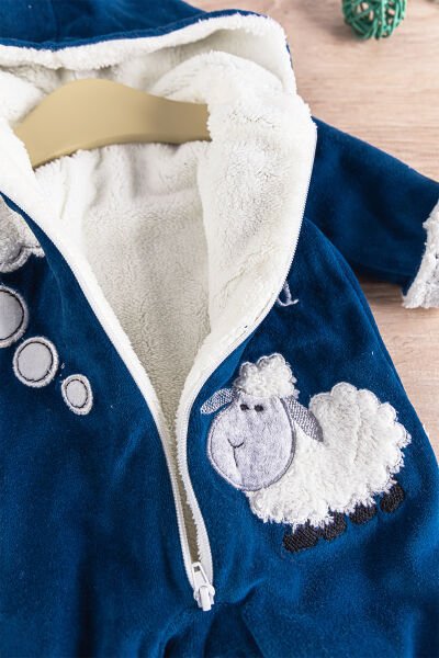 Kuzu Figürlü Welsoft Peluş Astarlı Kadife Kız/Erkek Bebek Tulum LACİVERT - 9 Ay