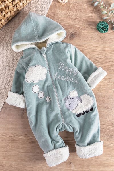 Kuzu Figürlü Welsoft Peluş Astarlı Kadife Kız/Erkek Bebek Tulum YEŞİL -  0-3 AY