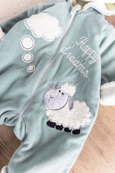 Kuzu Figürlü Welsoft Peluş Astarlı Kadife Kız/Erkek Bebek Tulum YEŞİL -  0-3 AY