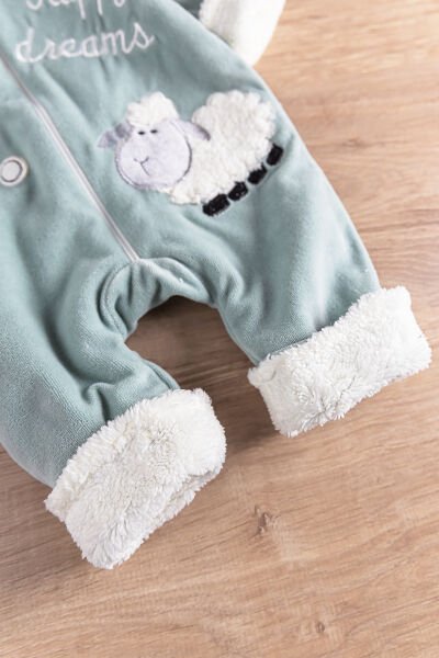 Kuzu Figürlü Welsoft Peluş Astarlı Kadife Kız/Erkek Bebek Tulum YEŞİL -  0-3 AY