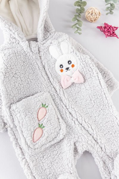 Tavşan Figürlü Kuzu Welsoft Kız Bebek Tulum GRİ -  6-9 AY