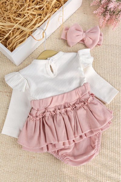 Bandanalı Fiyonklu Kız Bebek Elbise Tulum SOMON -  6-9 AY