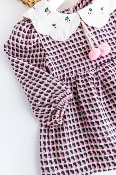 Bebek Elbise Kiraz İşlemeli Bebe Yakalı Uzun Kollu Bebek Elbise