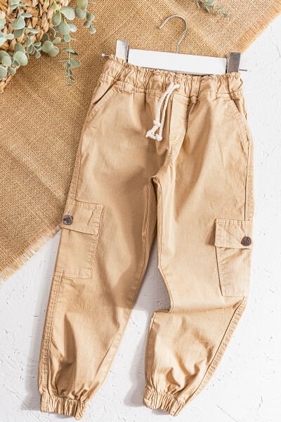 Gabardin Kumaş Salaş Kesimli Erkek Çocuk Kargo Pantolon Camel - 4 Yaş
