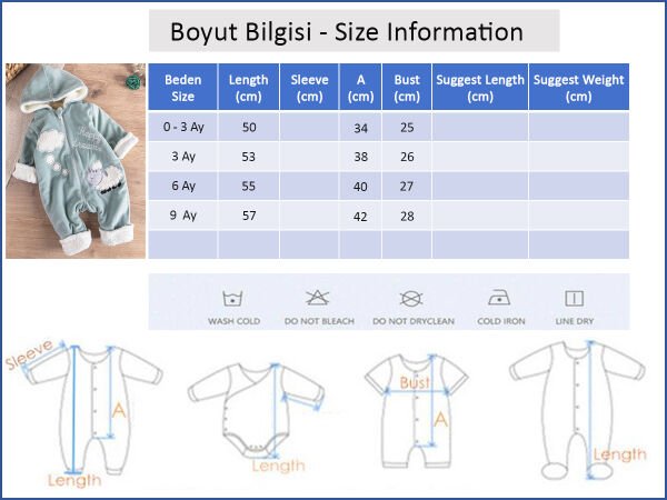 Kuzu Figürlü Welsoft Peluş Astarlı Kadife Kız/Erkek Bebek Tulum YEŞİL - 3 Ay