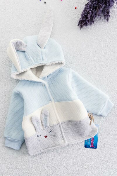 Tavşan Figürlü Erkek Bebek Peluş Kapüşonlu Hırka
