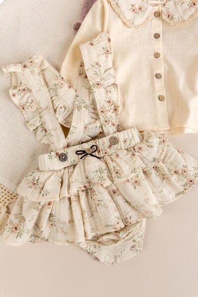 Çiçekli Müslin 3'lü 100% Pamuk Kız Bebek Salopet Elbise
