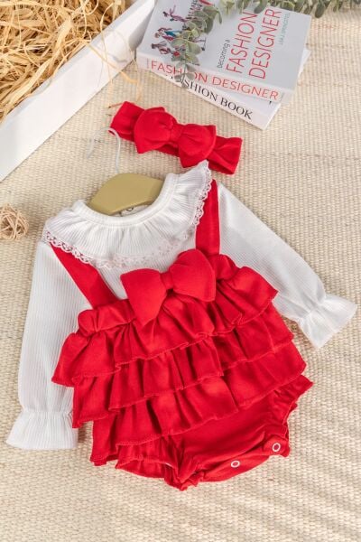 Fırfır Yakalı 100% Pamuk  Kız Bebek Elbise Tulum