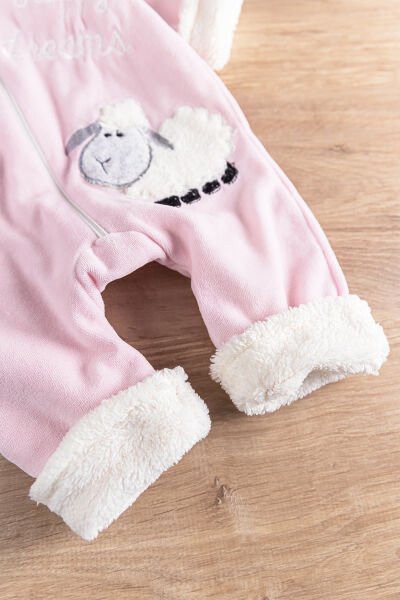 Kuzu Figürlü Welsoft Peluş Astarlı Kadife Kız/Erkek Bebek Tulum PEMBE -  0-3 AY