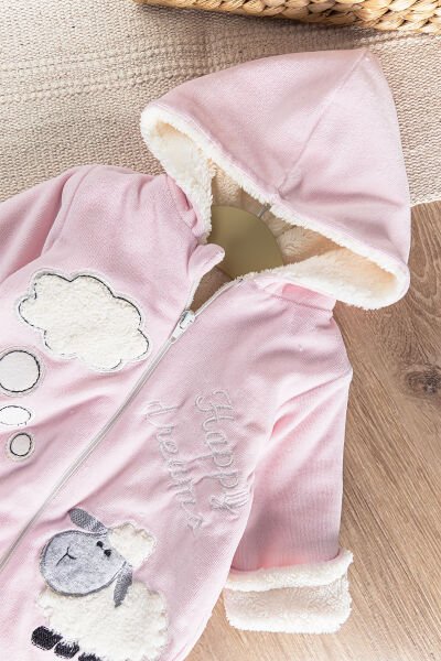 Kuzu Figürlü Welsoft Peluş Astarlı Kadife Kız/Erkek Bebek Tulum PEMBE -  0-3 AY