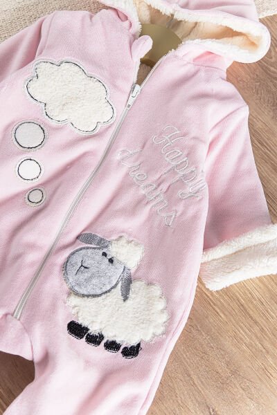 Kuzu Figürlü Welsoft Peluş Astarlı Kadife Kız/Erkek Bebek Tulum PEMBE - 3 Ay