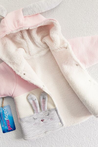Tavşan Figürlü Kız Bebek Peluş Kapüşonlu Hırka