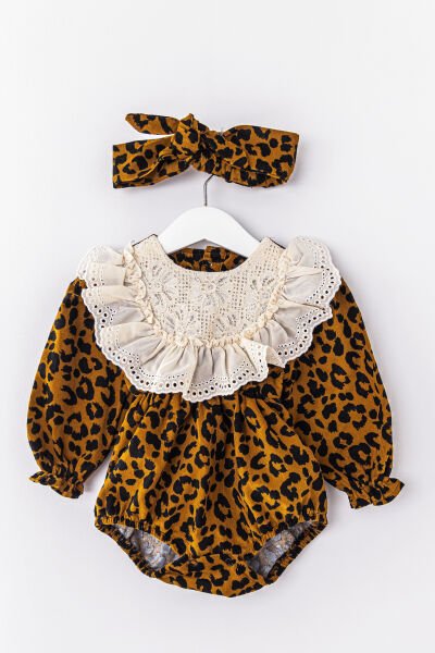Kız Bebek Tulum Leopar Desenli Güpürlü Yakalı Bandanalı Kadife Kız Bebek Tulum