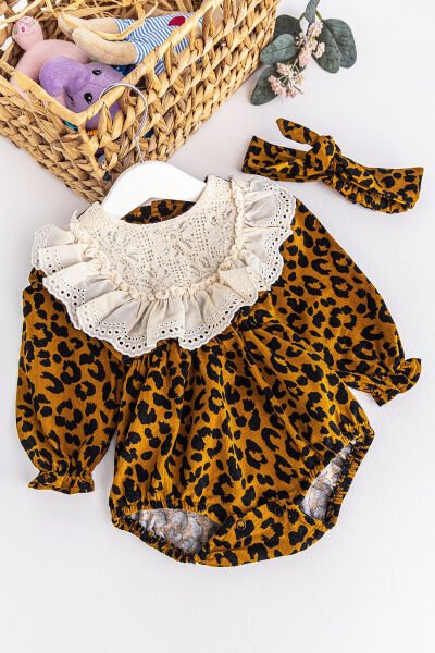 Kız Bebek Tulum Leopar Desenli Güpürlü Yakalı Bandanalı Kadife Kız Bebek Tulum