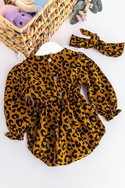 Kız Bebek Tulum Leopar Desenli Güpürlü Yakalı Bandanalı Kadife Kız Bebek Tulum