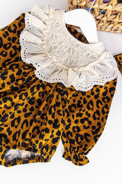 Kız Bebek Tulum Leopar Desenli Güpürlü Yakalı Bandanalı Kadife Kız Bebek Tulum