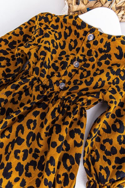 Kız Bebek Tulum Leopar Desenli Güpürlü Yakalı Bandanalı Kadife Kız Bebek Tulum