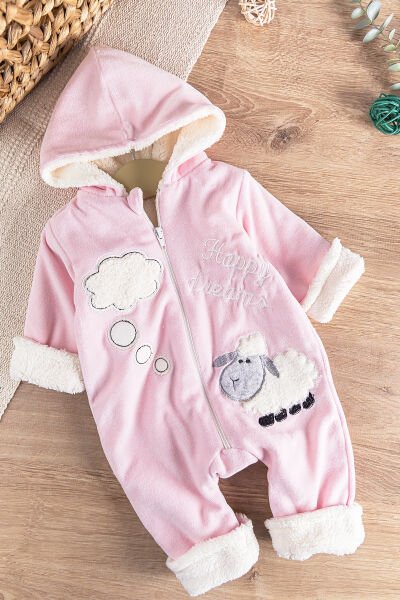 Kuzu Figürlü Welsoft Peluş Astarlı Kadife Kız/Erkek Bebek Tulum PEMBE - 9 Ay
