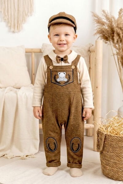 Papyonlu Kasketli Erkek Bebek Salopet Tulum Set