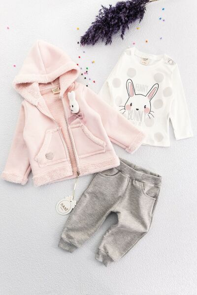 Kız Bebek Tavşan Figürlü Üçlü Kız Bebek Takım