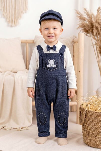 Papyonlu Kasketli Erkek Bebek Salopet Tulum Set LACİVERT - 6 Ay