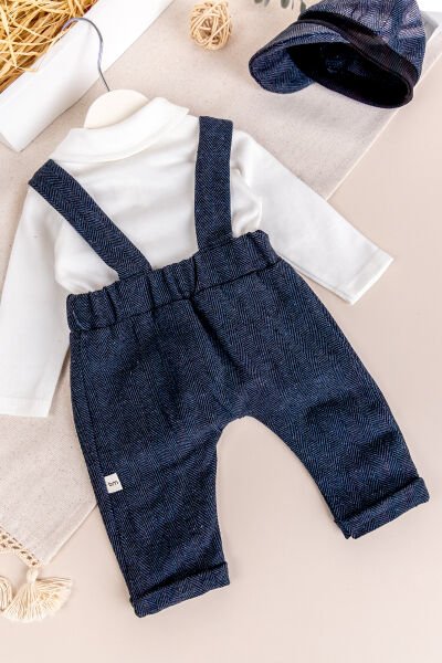 Papyonlu Kasketli Erkek Bebek Salopet Tulum Set LACİVERT - 6 Ay