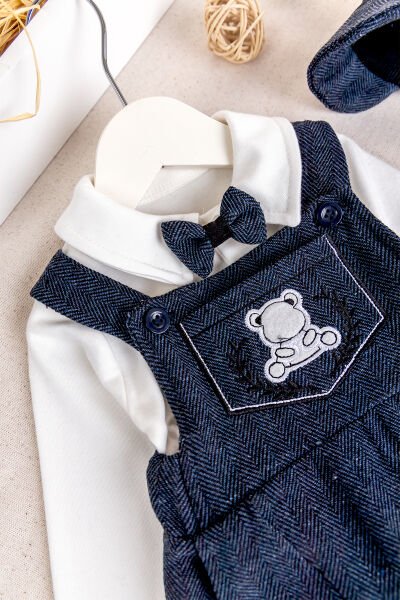 Papyonlu Kasketli Erkek Bebek Salopet Tulum Set LACİVERT - 6 Ay