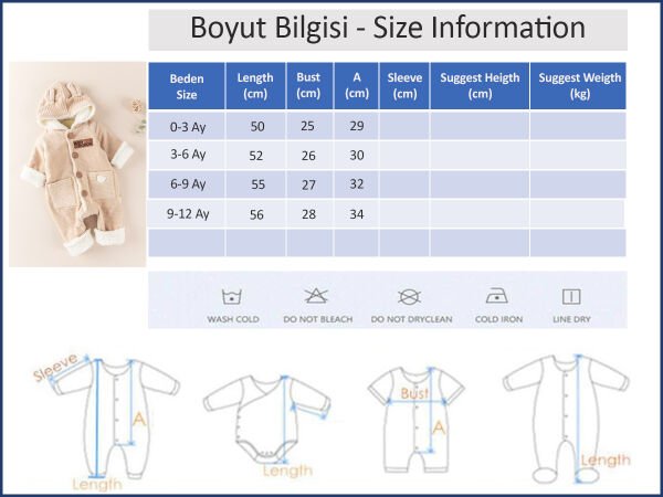 Kadife Welsoft Astarlı Kışlık Bebek Tulum Astronot Tulum BEJ -  9-12 AY