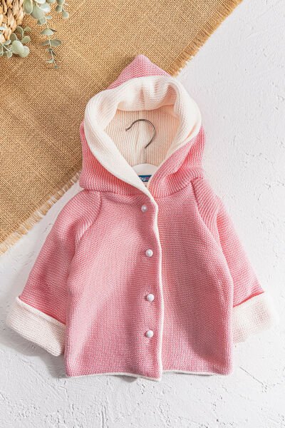 Kapüşonlu Pembe Kız Bebek Çift Katlı Triko Hırka