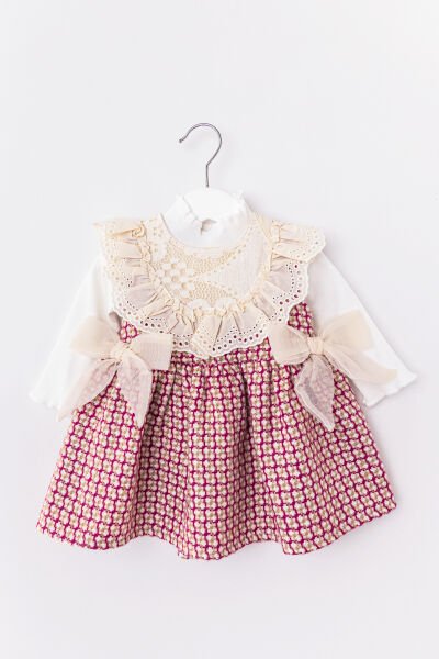 Kız Bebek Elbise Güpür Yakalı Fiyonklu Body Elbise Takım