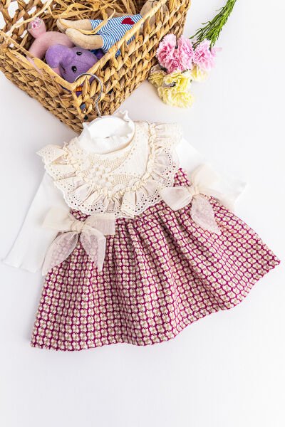Kız Bebek Elbise Güpür Yakalı Fiyonklu Body Elbise Takım